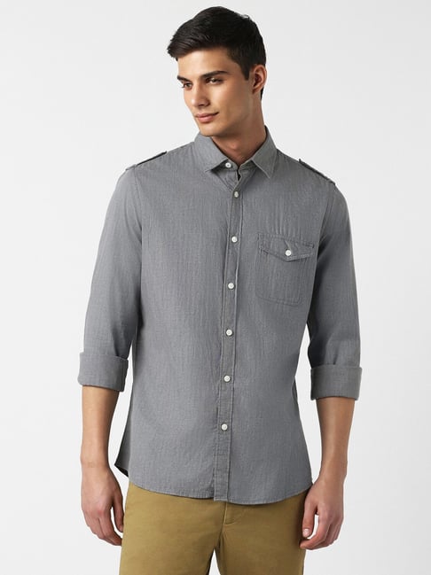 Van Heusen Sport Grey Cotton Slim Fit Texture Shirt