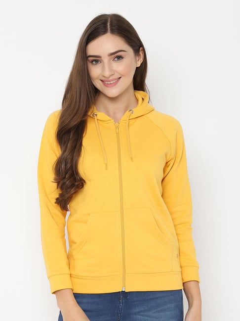 JUNEBERRY Yellow Fleece Regular Fit Hooded Jacket