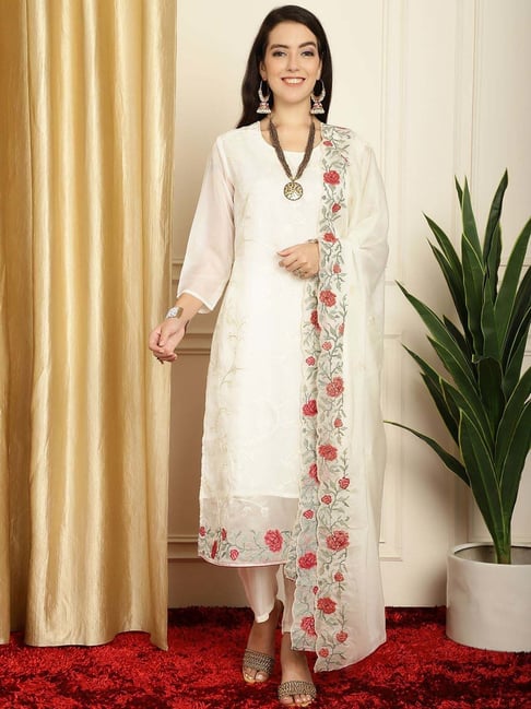 Off White Embroidered And Sequinned Cotton Unstitched Dress Material With  Woven Patterns at Soch
