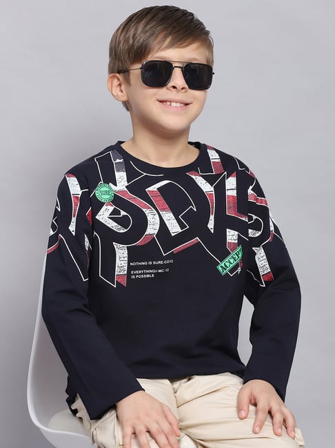 Buy Monte Carlo Kids Navy Printed Full Sleeves T-Shirt for Boys