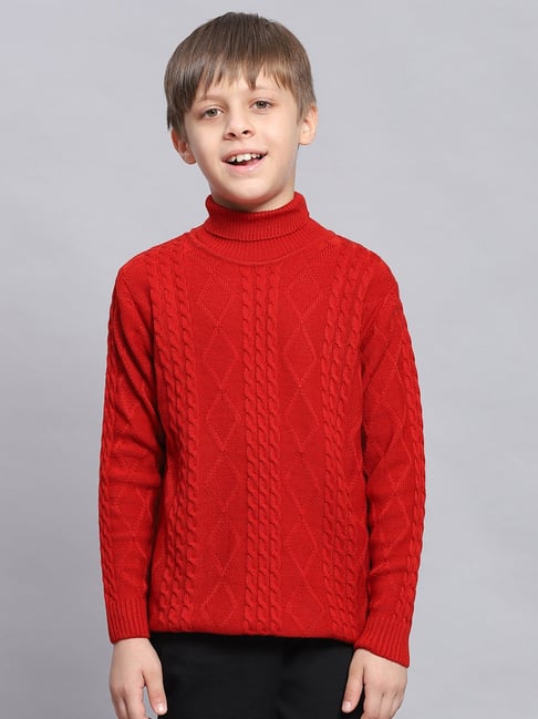 Monte Carlo Kids Red Self Design Full Sleeves Sweater
