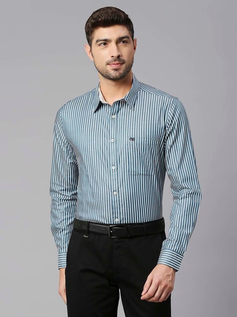 thomas scott turquoise slim fit striped cotton shirt