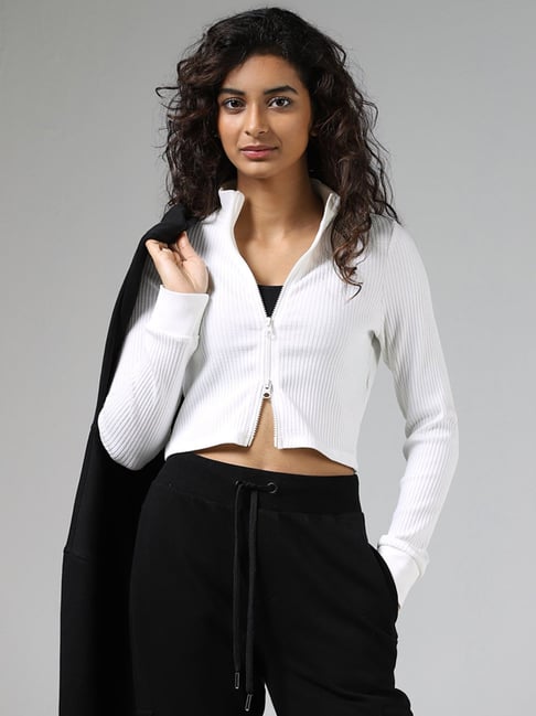 White and Black Cropped Off White Varsity Bomber Jacket - Jackets Masters