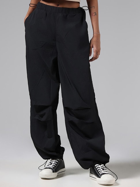 Nuon by Westside Solid Black Parachute Pants