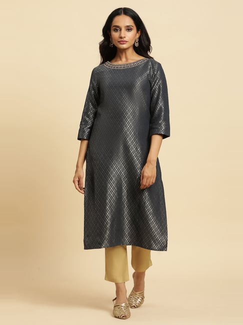 W Grey Embroidered Straight Kurta-picture-10