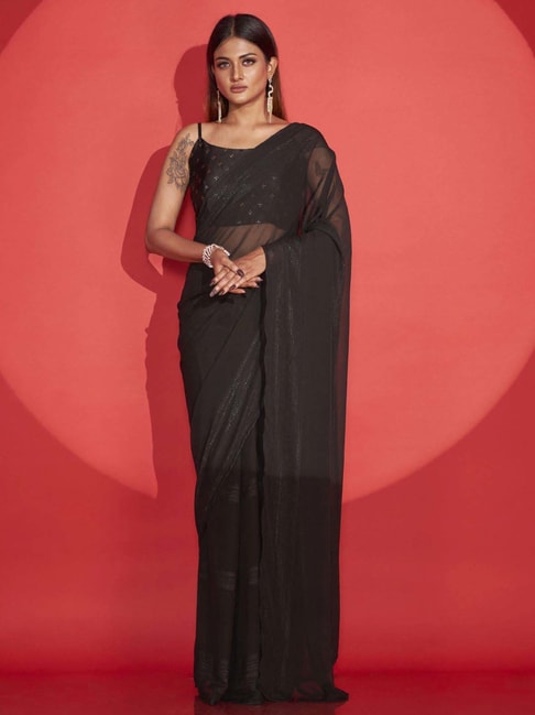 RE - Stunning Black Colored Dola Silk Plain Saree - New In - Indian-sgquangbinhtourist.com.vn