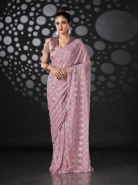 Banarasee Contrast Border Big Buta Tissue Saree-Silver & Pink