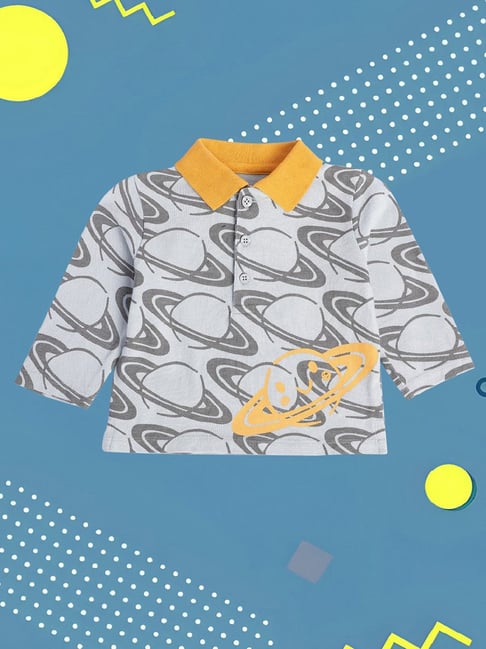 MINIKLUB Kids Grey Printed Full Sleeves Polo T-Shirt