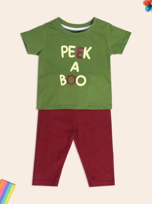 MINIKLUB Kids Green & Maroon Printed Top with Pants
