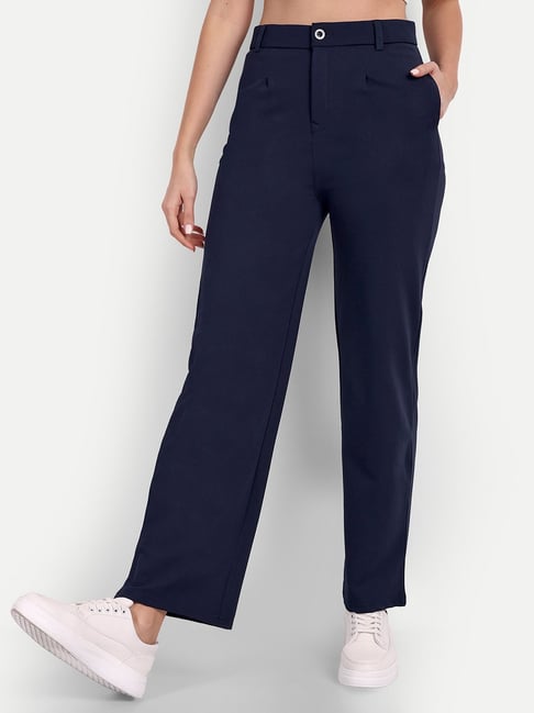 Buy Solid High-Rise Trousers with Belt Tie-Up | Splash UAE