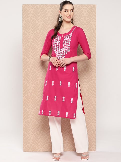 Yufta Hot Pink Embroidered Straight Kurta-picture-17