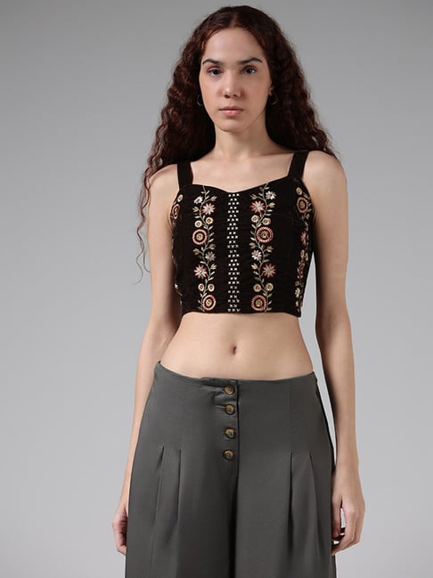 Buy Bombay Paisley by Westside Brown Floral Embroidered Crop