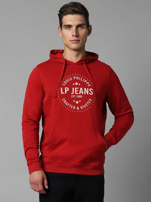 Louis Philippe Jeans Red Cotton Regular Fit Printed Hooded Sweatshirt-picture-34