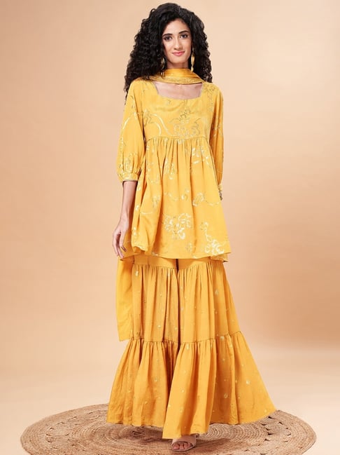 Embellished Hand Needle Worked Yellow Sharara Suit with Shirt – Nameera by  Farooq