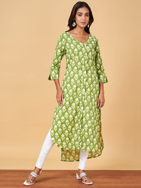 YU by Pantaloons Green Cotton Floral Print High Low Kurta-picture-29