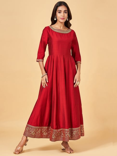 RANGMANCH BY PANTALOONS Women Red & Gold-Toned Ethnic Motifs A-Line Silk  Midi Dress - Absolutely Desi