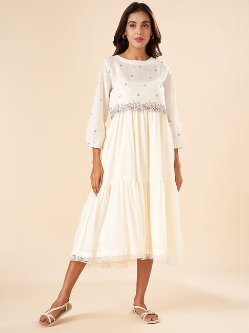 Akkriti by Pantaloons Off-White Cotton Embroidered Skater Dress