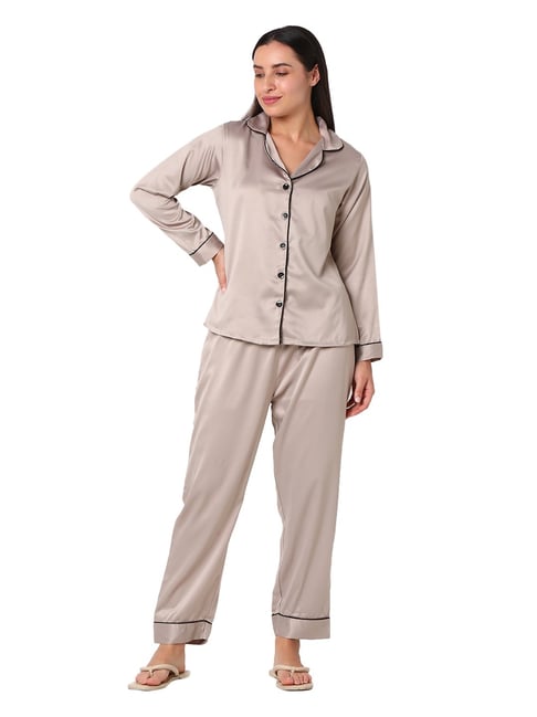 Smarty Pants Light Brown Satin Shirt With Pyjamas