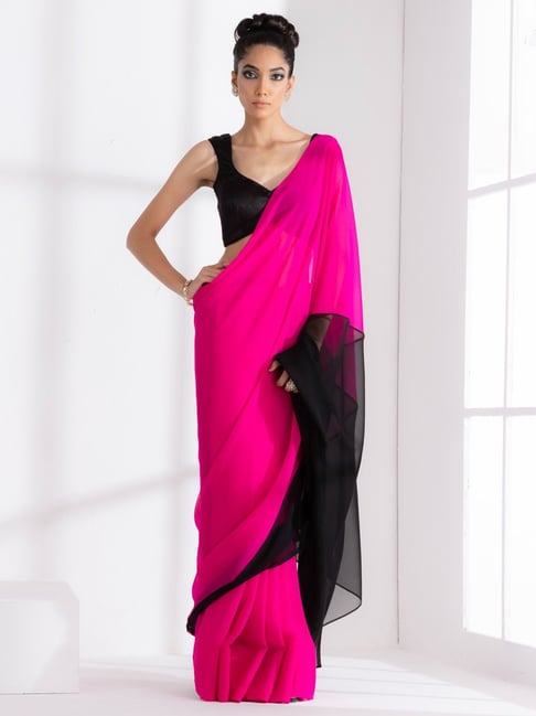 Buy Dusty Pink Saree In Shimmer Lycra And Contrasting Blue Embellished  Blouse Online - Kalki Fashion