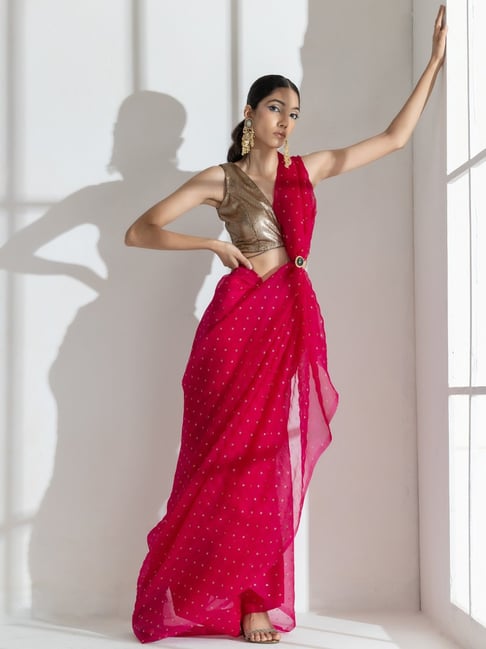 Foram Patel Mermaid Pre-draped Embellished Saree With Blouse | Women, Sarees,  Pre-draped Sarees, Red, Cutdana,… | Blouses for women, Embellished blouse,  Aza fashion