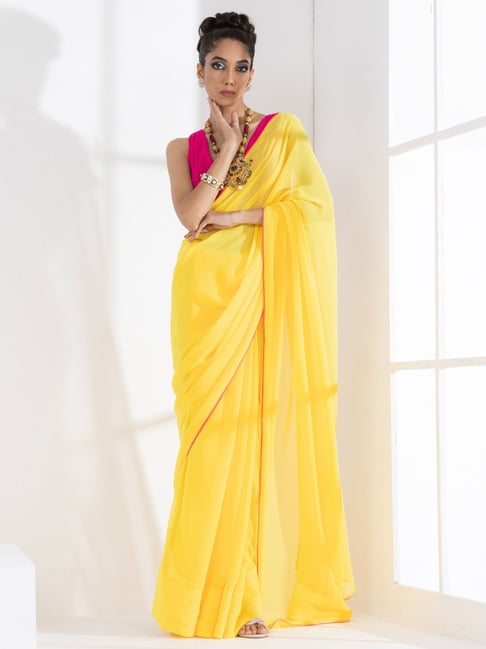 Satrani Yellow Plain Ready to Wear Saree With Unstitched Blouse