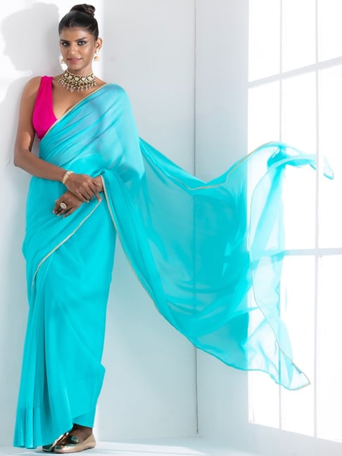 Buy Aqua Blue Sarees for Women by U R A QT Online | Ajio.com