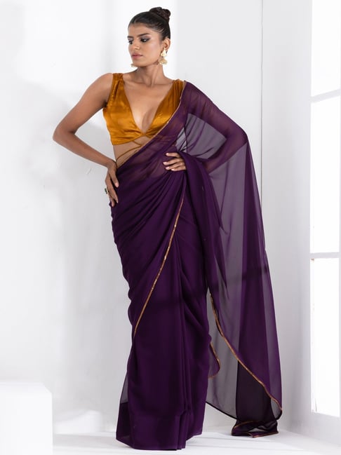 Plum Purple Gold Hand Embroidered Saree & Blouse – Talking Threads