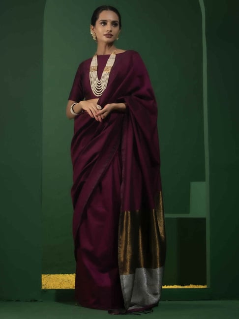 Triyah Wine Plain Saree With Unstitched Blouse