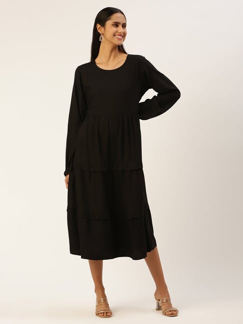 Alaina A-Line Midi Dress - Black - MESHKI U.S