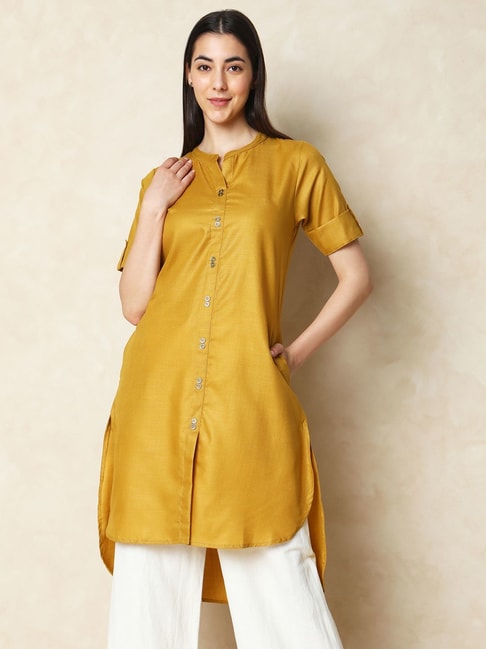 Enthralling Women Mustard Yellow & Red Woven Design Kurta with Trousers–  Inddus.in