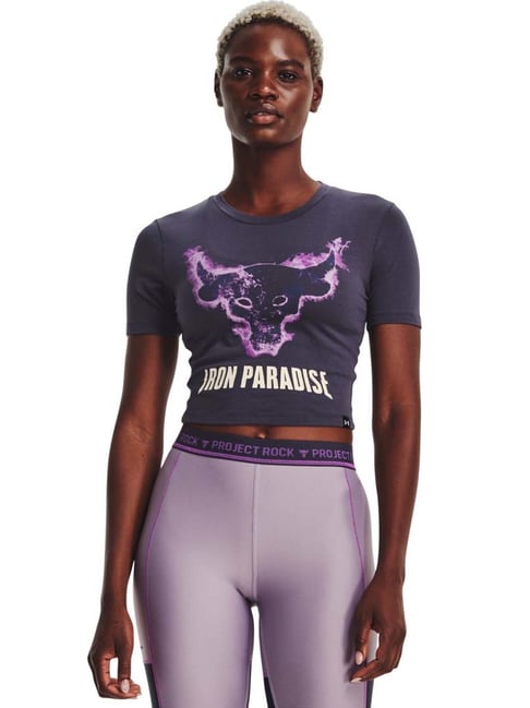 UNDER ARMOUR Grey Cotton Printed Sports Crop T-Shirt