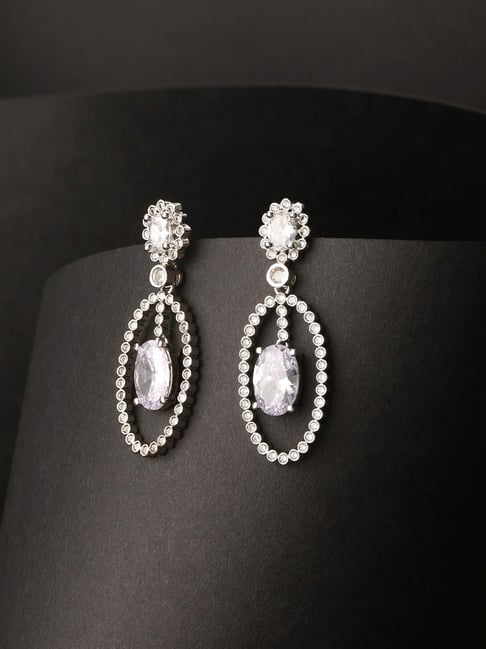 Buy Priyaasi White Floral Oval Stone Studded Drop Earrings Online