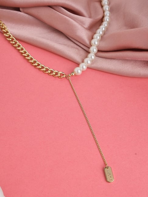 Prita by Priyaasi White Pearl Link Tag Drop Gold-Plated Necklace-picture-48