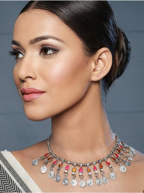 Buy Priyaasi Studded Pink Shade Leaves Coin Silver Necklace Online