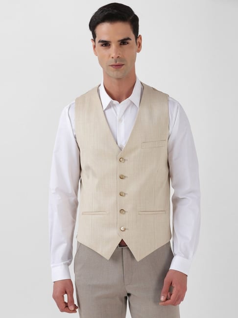 Buy Regular Fit Linen Waistcoat Beige -