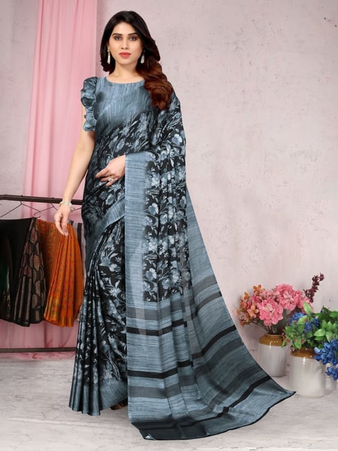 Thread,embroidered Lycra Saree in Grey,black with Blouse - SR21808