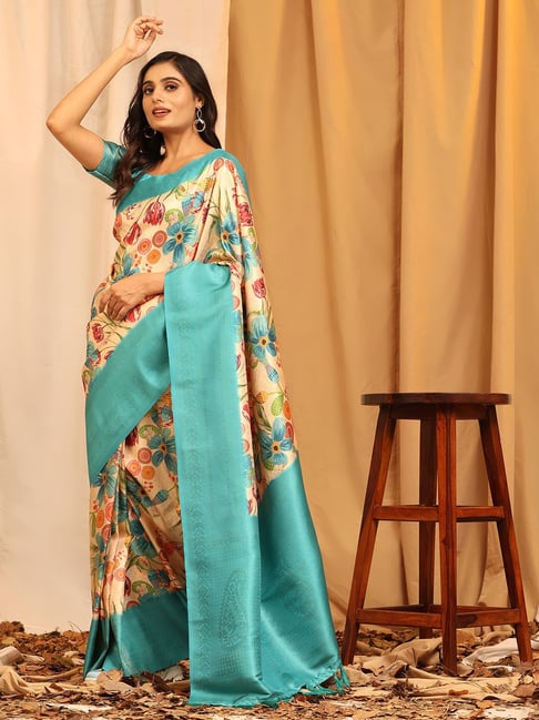 Turquoise woven silk saree with blouse - Monjolika - 4152917