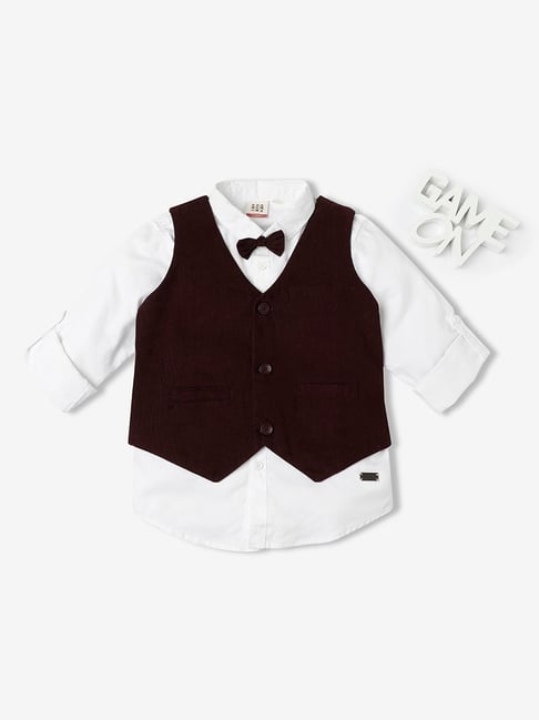 Ed-a-Mamma Kids White & Brown Solid Full Sleeves Shirt, Coat with Bow-picture-16
