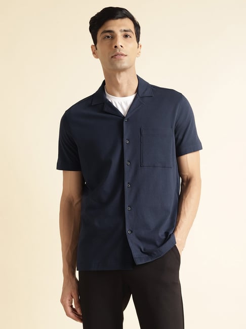 ANDAMEN Navy Regular Fit Cotton Shirt-picture-15
