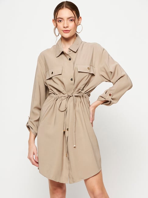 MADAME Beige Regular Fit Shirt Dress-image-20