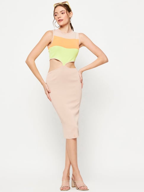 MADAME Beige Color-Block Bodycon Dress-picture-44