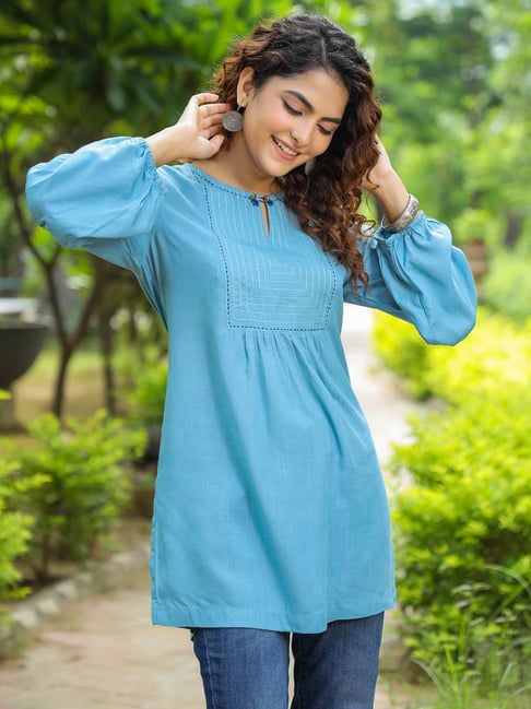 Rain and Rainbow Blue Embroidered A Line Kurti