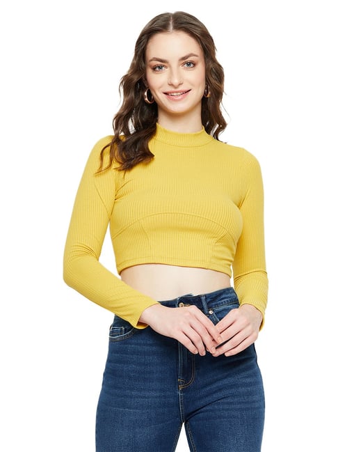 MADAME Yellow Slim Fit Crop Top