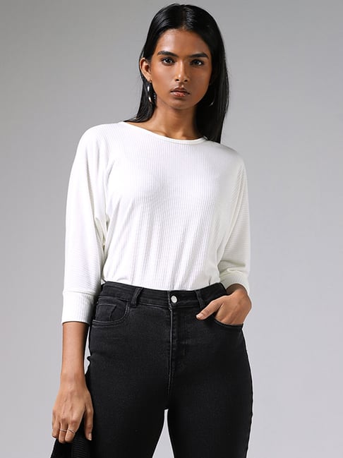 LOV by Westside White Ribbed Back Button Accent Top