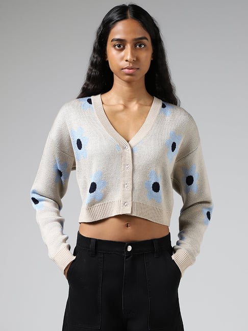 Buy Nuon by Westside Beige Floral Printed Crop Cardigan for Online