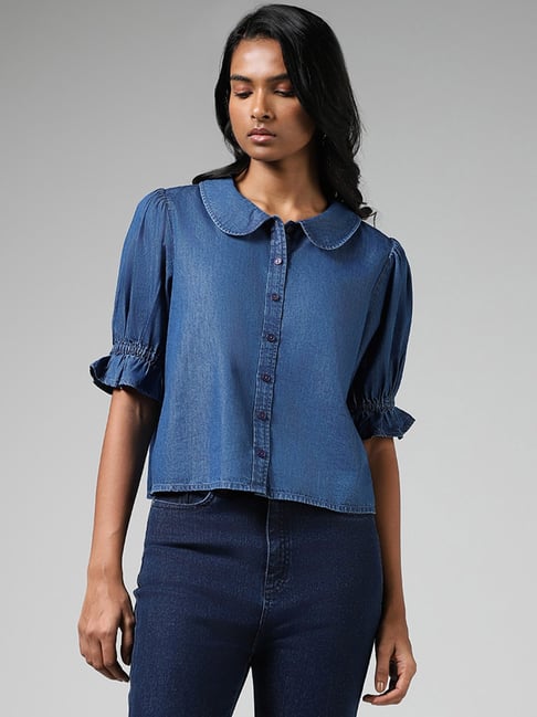 BMJL Womens Denim Shirt Business Casual Button Down Work Blouses Puff  Sleeve Summer Tops Blue - Yahoo Shopping