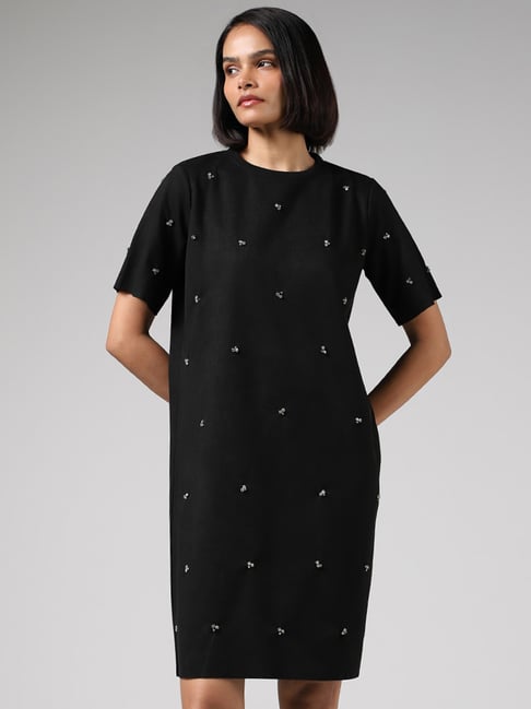 Wardrobe by Westside Stud Embroidered Black T-Shirt Dress