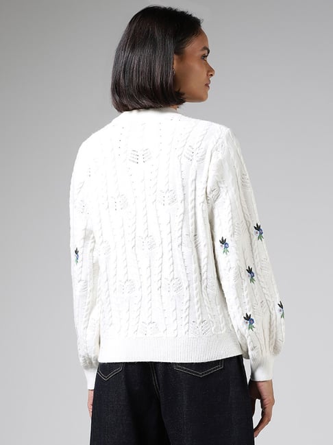  Other Stories Floral Embroidery Cable Knit Alpaca Cardigan in White