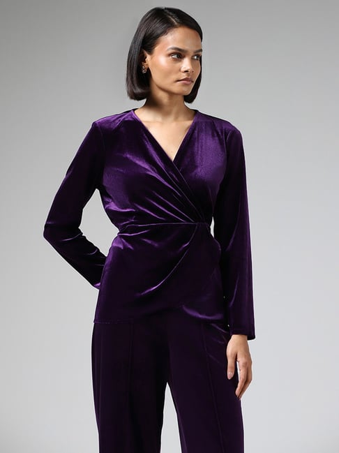 Wardrobe by Westside Dark Purple Overlapped Detail Velvet Top