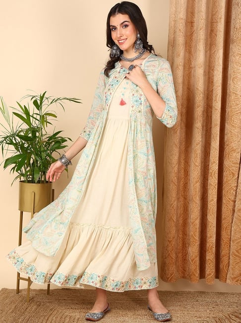 Buy Vaamsi Beige Cotton Embroidered A-Line Dress With Jacket for